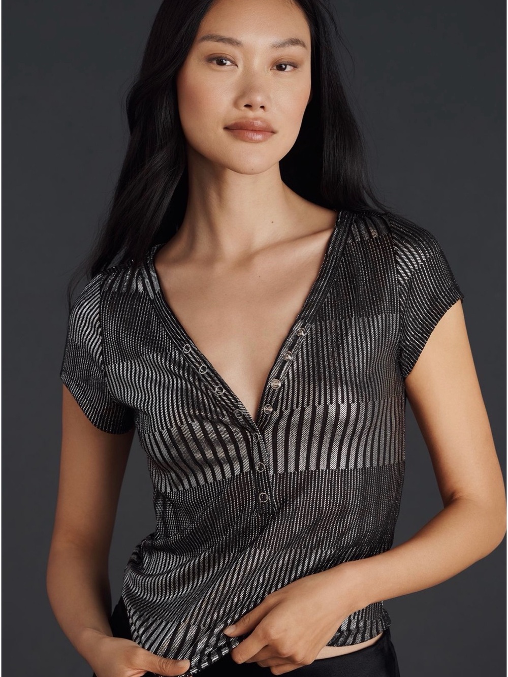 Pilcro Andie Shine Edition Ribbed Henley Top Black